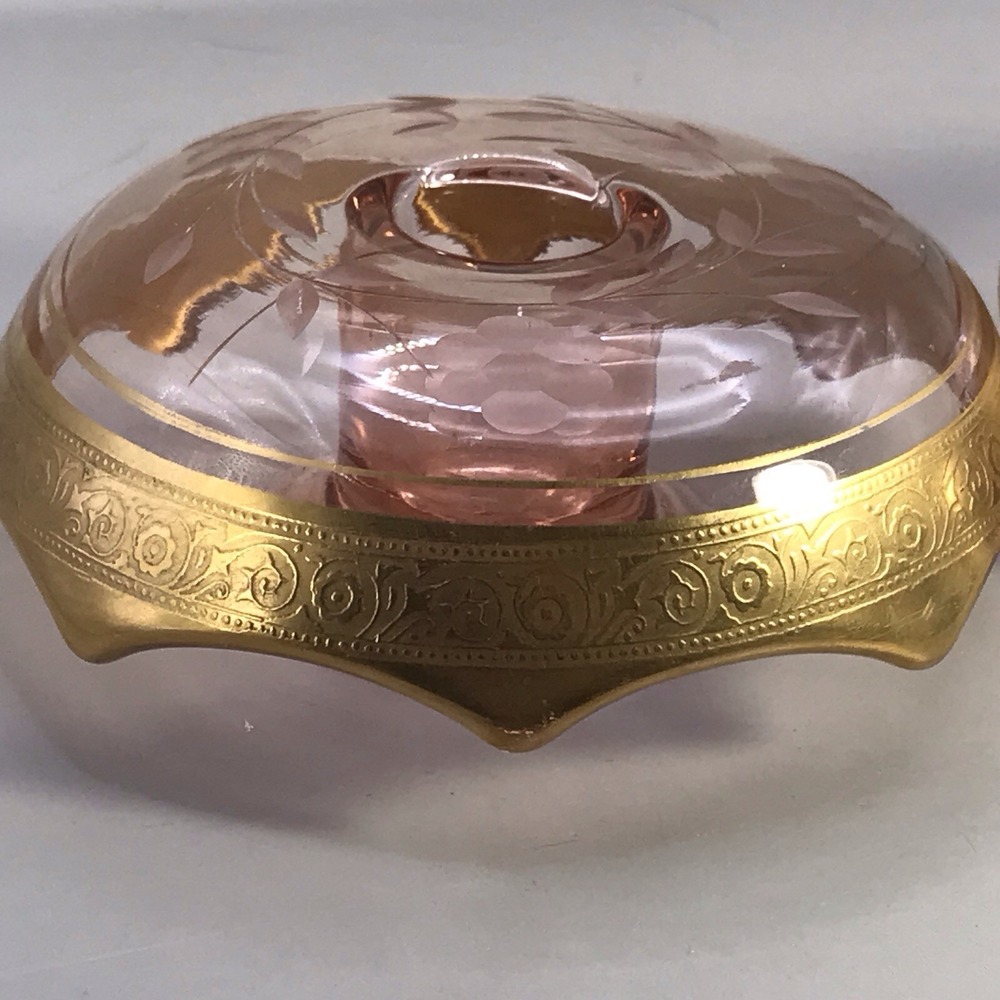 Set Of 2 Pink Depression Glass With Etched Gold Trim Bowl Dish Candle Holder